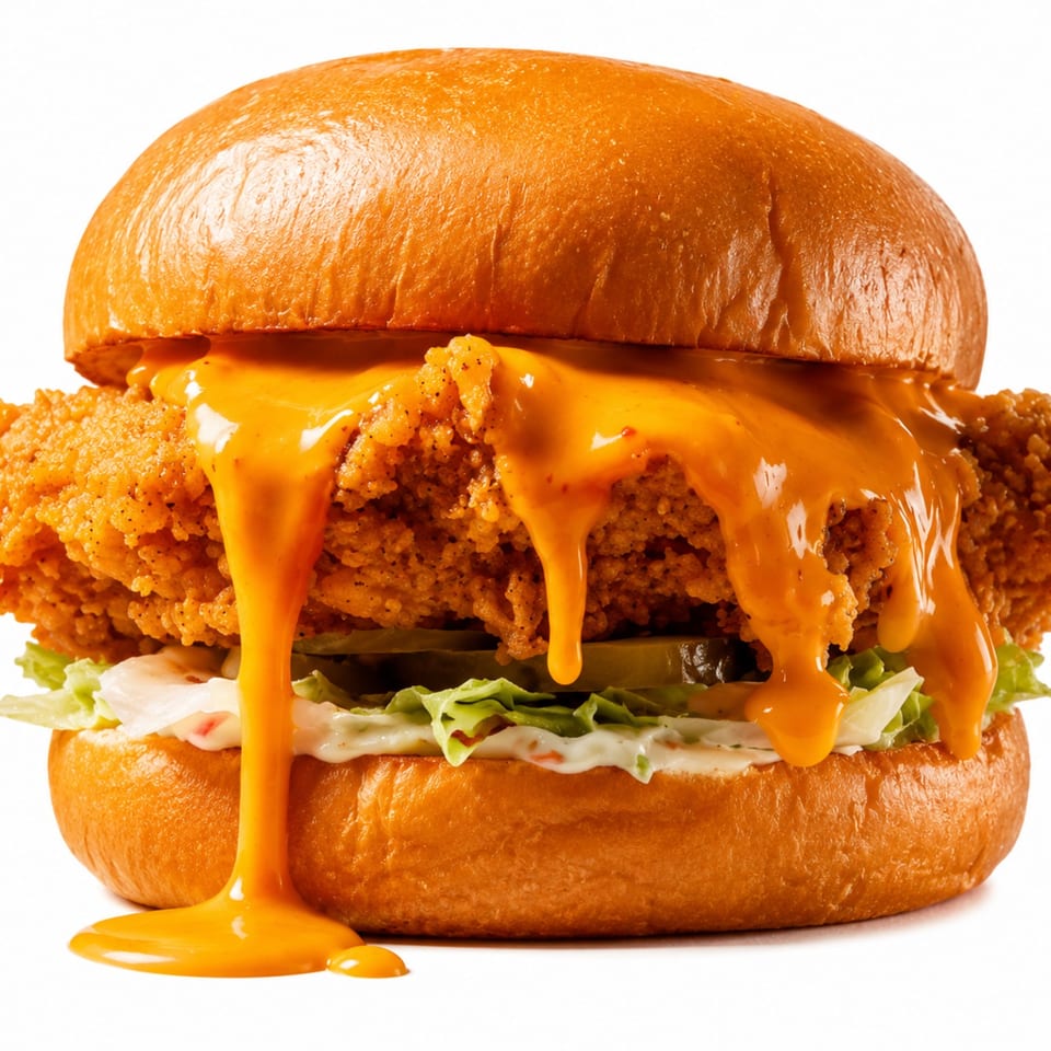 Crispy fried chicken sandwich with melted cheese, lettuce, and pickles on a brioche bun.