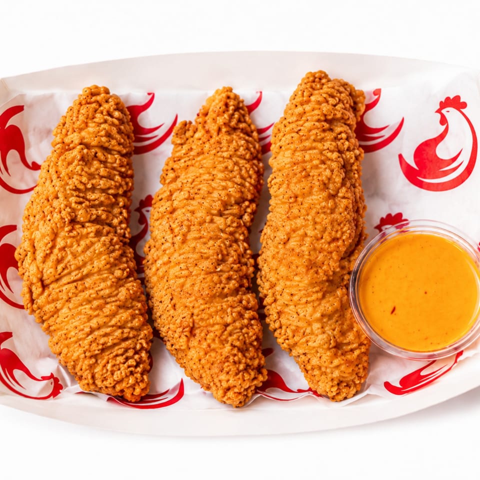 Three crispy fried chicken tenders with a side of orange dipping sauce in a branded paper tray.