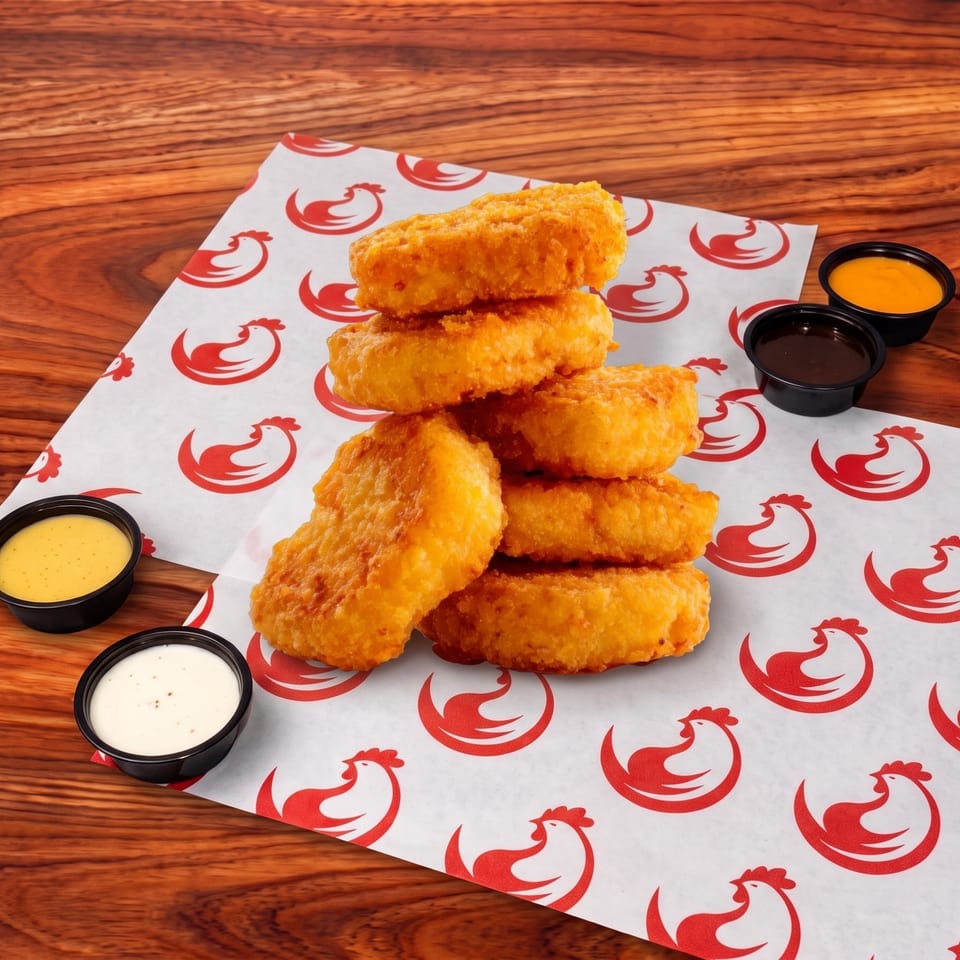 Golden chicken nuggets stacked on paper with red chicken logos, surrounded by three dipping sauces.