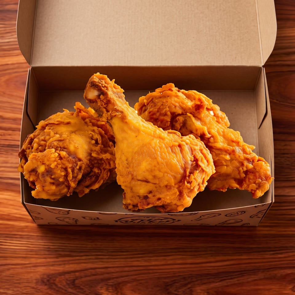 Three golden-brown fried chicken pieces in a cardboard takeout box on a wooden table.