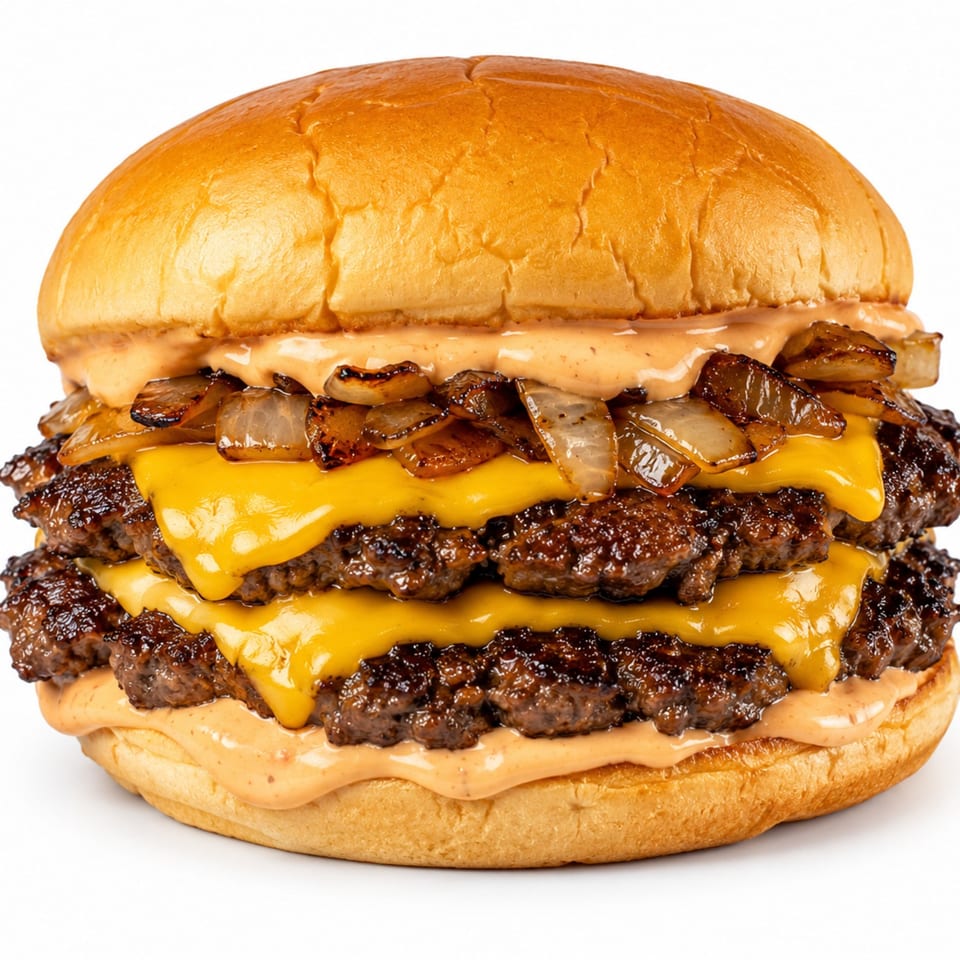A double smash burger with melted cheese, caramelized onions, and special sauce on a brioche bun.