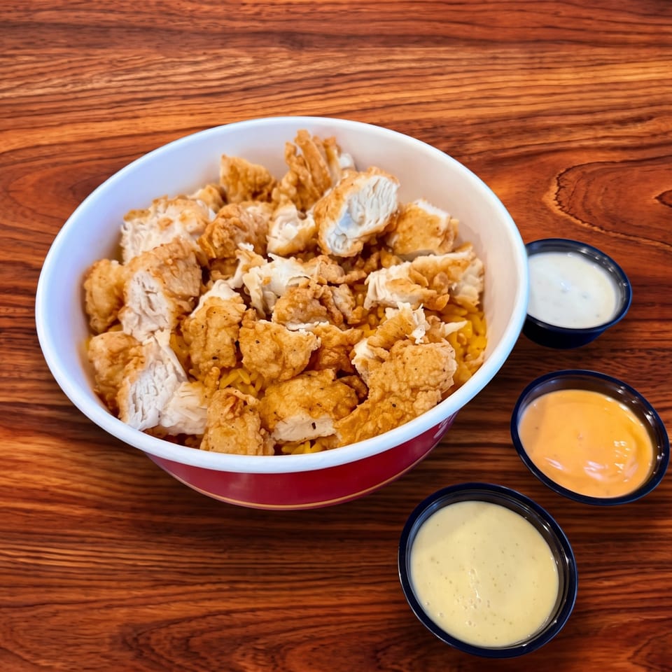 Fried chicken and rice in a white and red bowl with three dipping sauces on a wooden table.