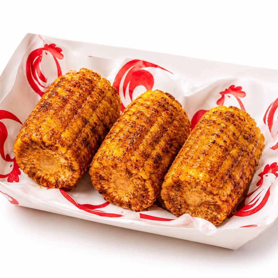 Three grilled corn cobs seasoned with spices, served in a white paper tray with red chicken logos.
